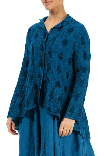 Veste en lin bleu cobalt texturé à bulles évasée