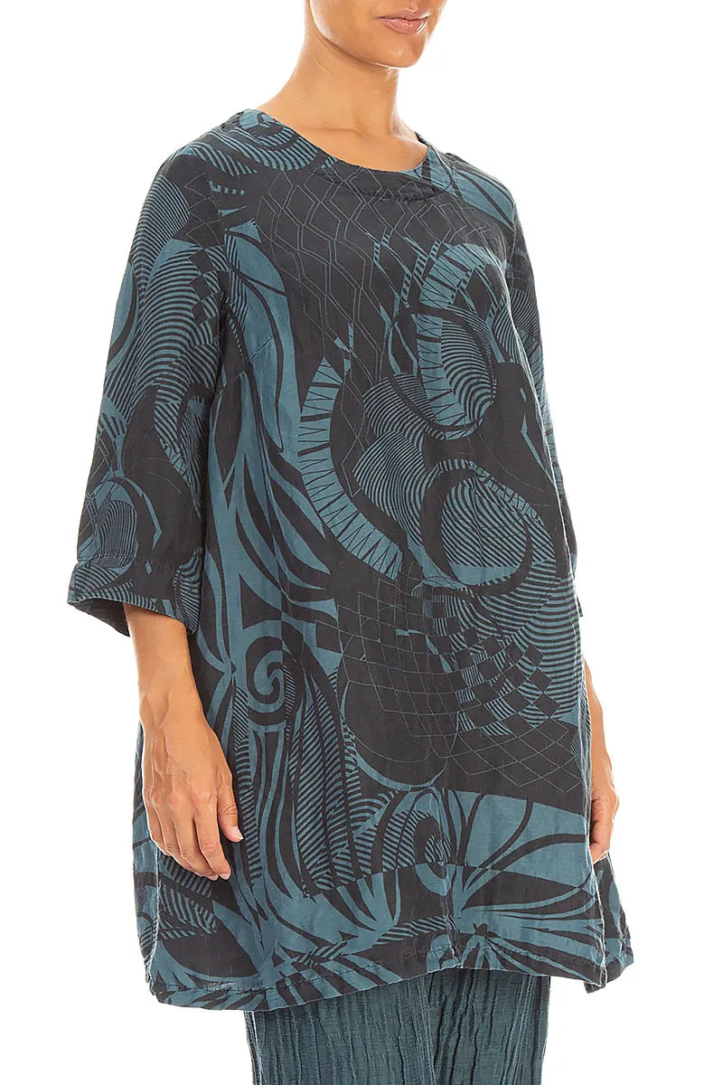 Flared Textured Deep Turquoise Orbit Silk Linen Tunic 3