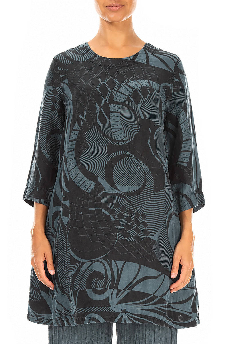Flared Textured Slate Orbit Silk Linen Tunic 1