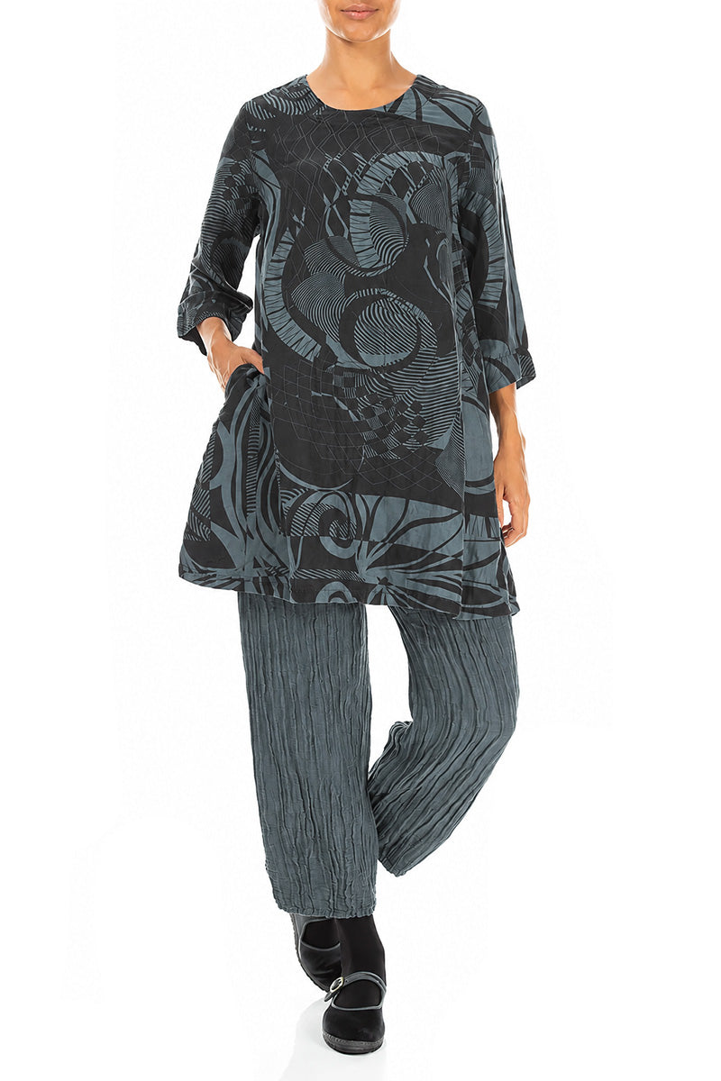 Flared Textured Slate Orbit Silk Linen Tunic 4