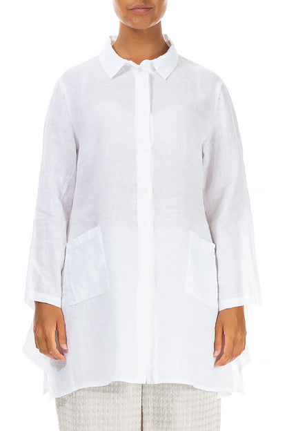Flared Two Pockets White Linen Shirt 1