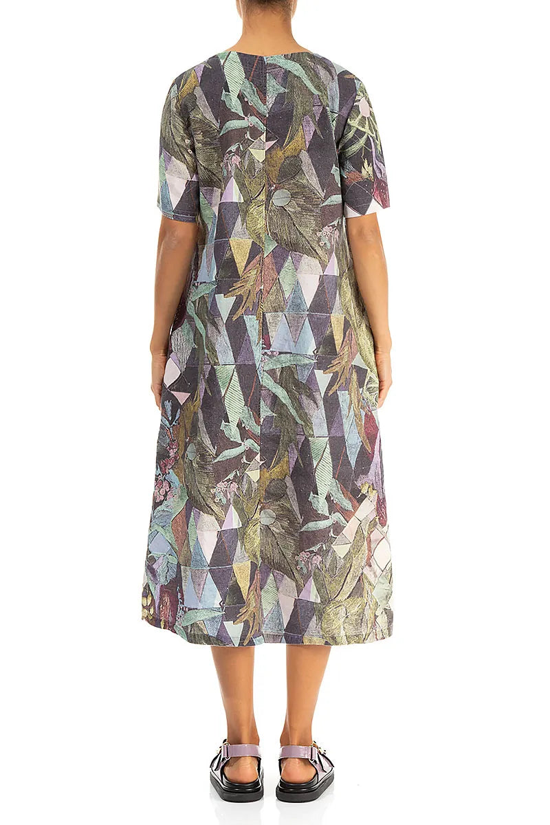 Flared V-Neck Art Mosaic Linen Dress 2