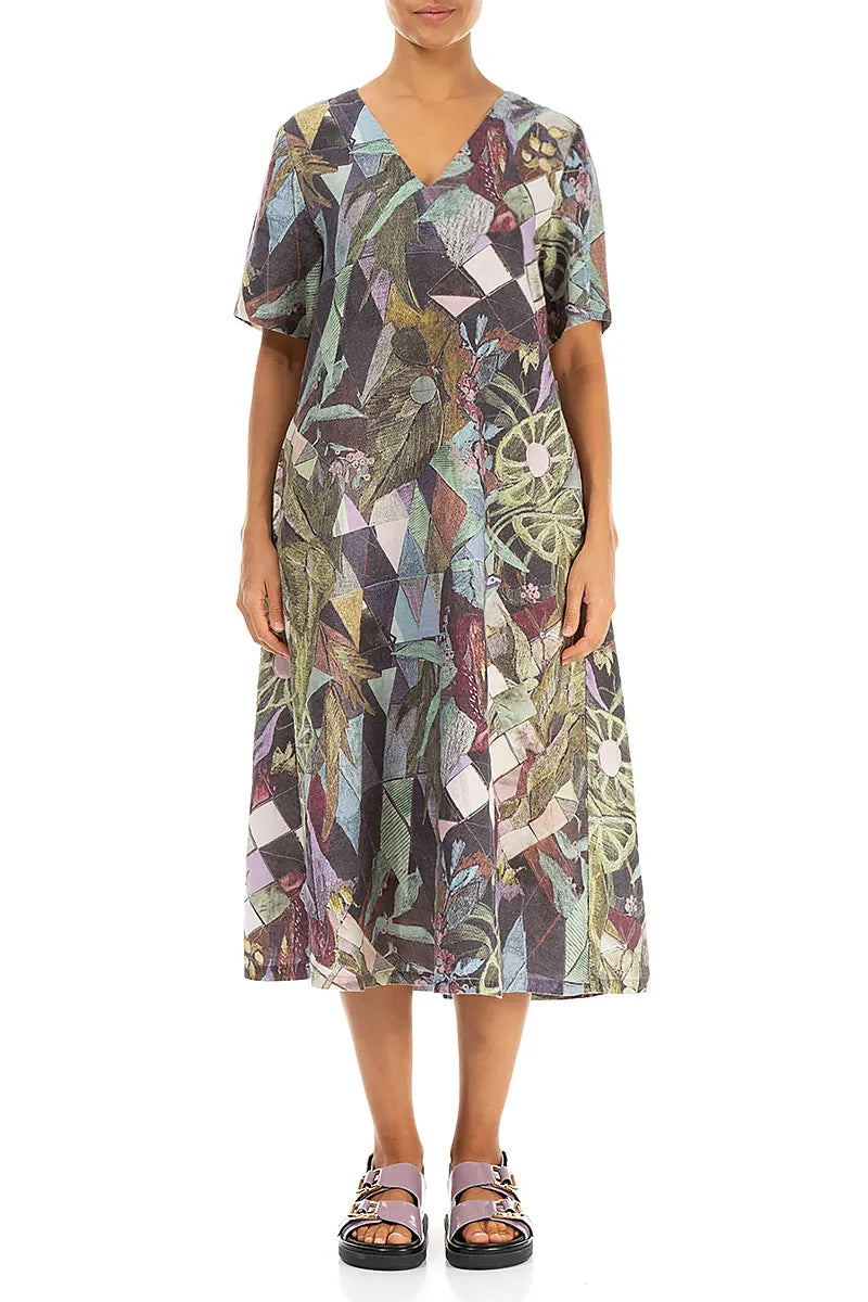 Flared V-Neck Art Mosaic Linen Dress 1