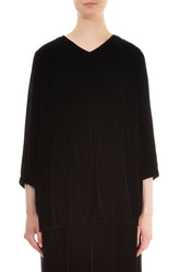 Flared V-Neck Black Silk Velvet Blouse 1