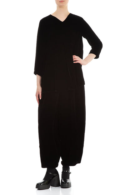 Flared V-Neck Black Silk Velvet Blouse 4
