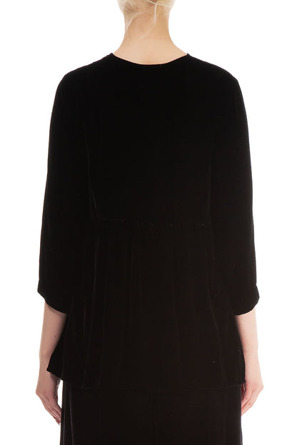 Flared V-Neck Black Silk Velvet Blouse 2