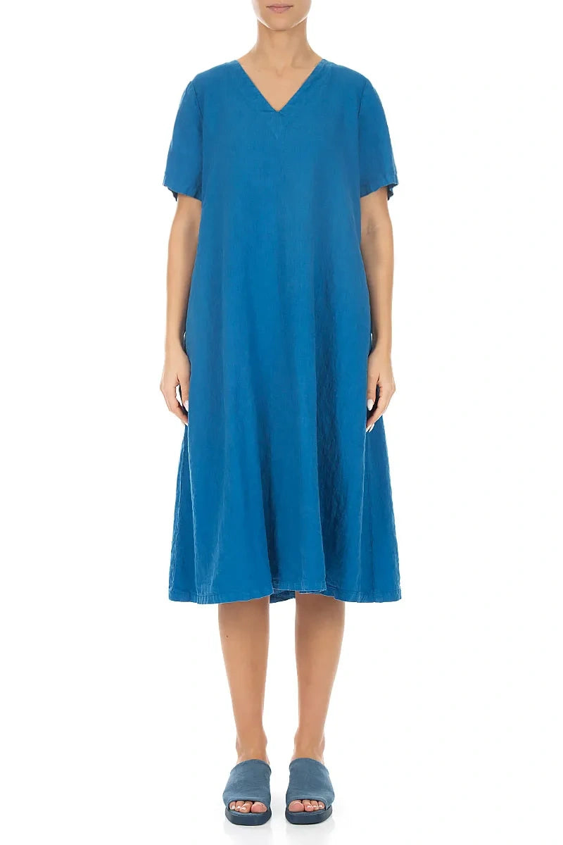 Flared V-Neck Cobalt Blue Linen Dress