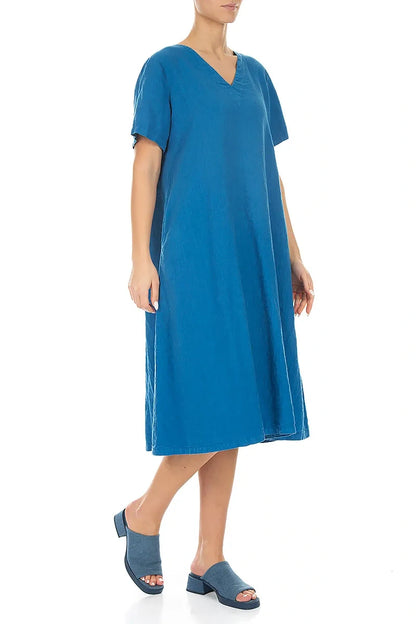 Flared V-Neck Cobalt Blue Linen Dress