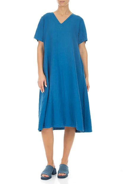 Flared V-Neck Cobalt Blue Linen Dress