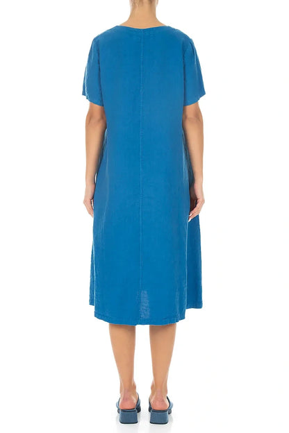 Flared V-Neck Cobalt Blue Linen Dress