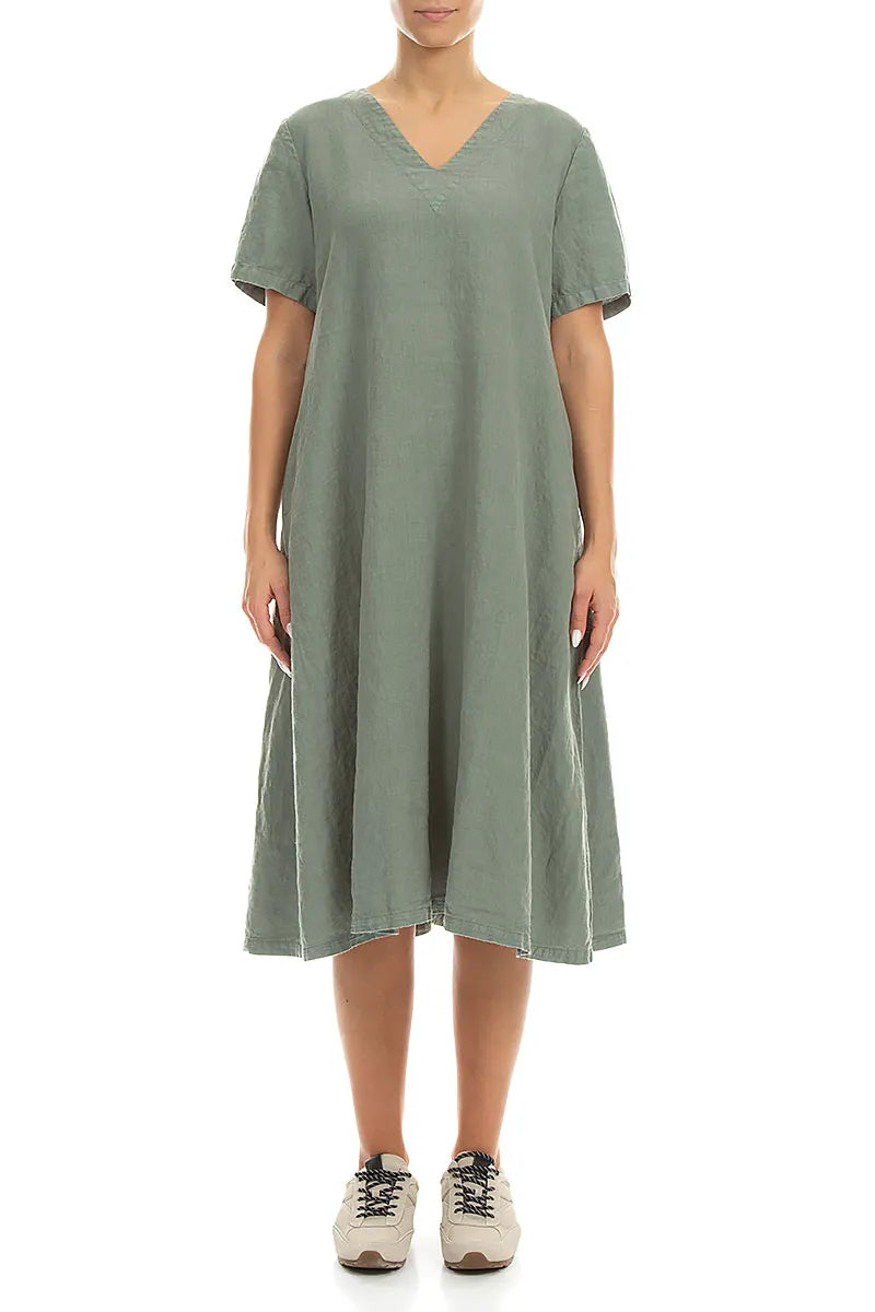 Flared V-Neck Sage Linen Dress 1