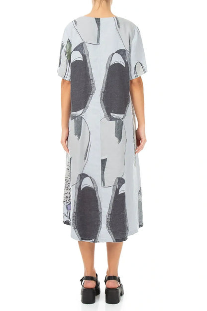 Flared V-Neck Silver Grey Tumbled Stone Linen Dress