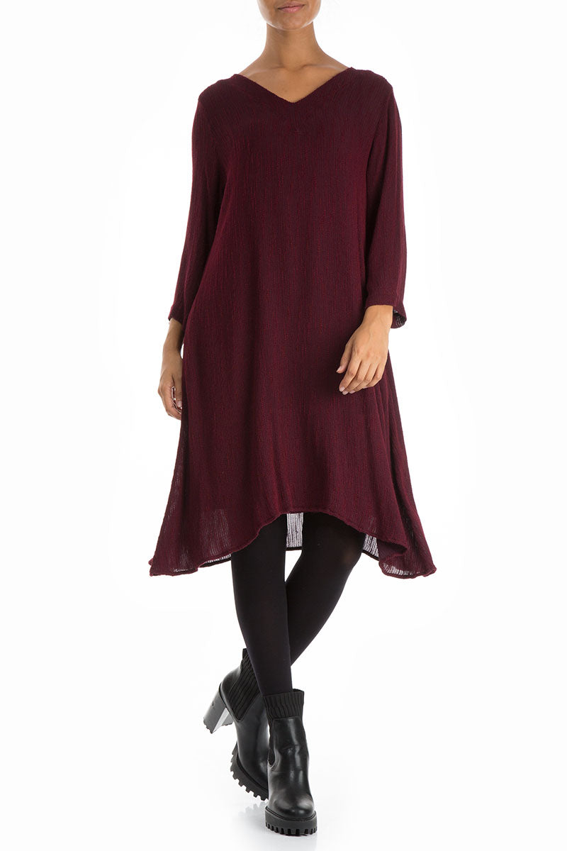 Flared V-Neck Wine Silk Dress