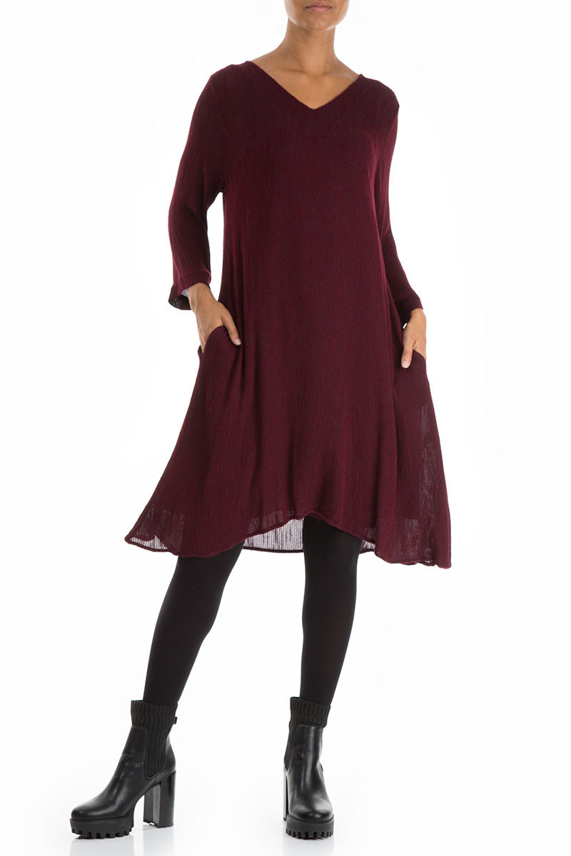 Flared V-Neck Wine Silk Dress