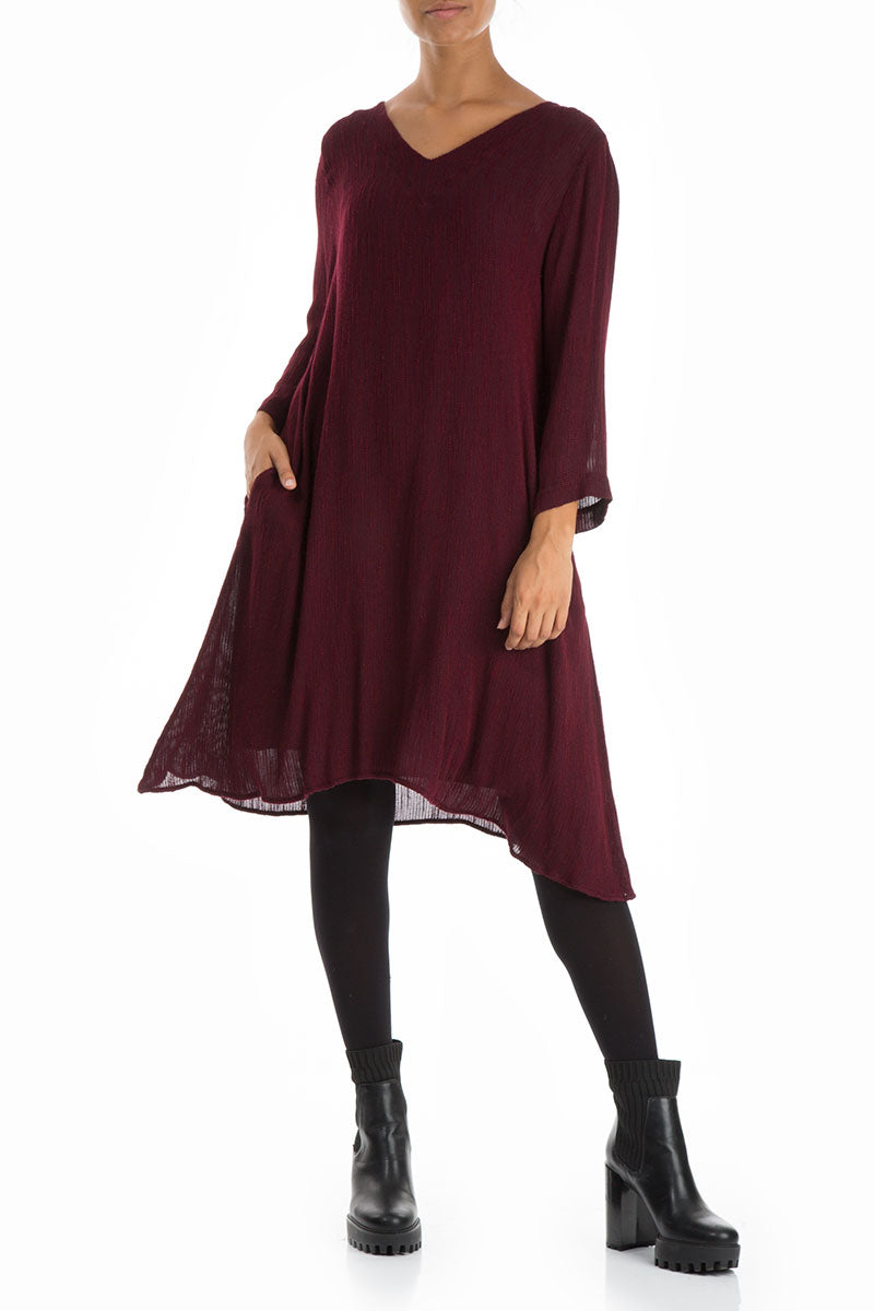 Flared V-Neck Wine Silk Dress