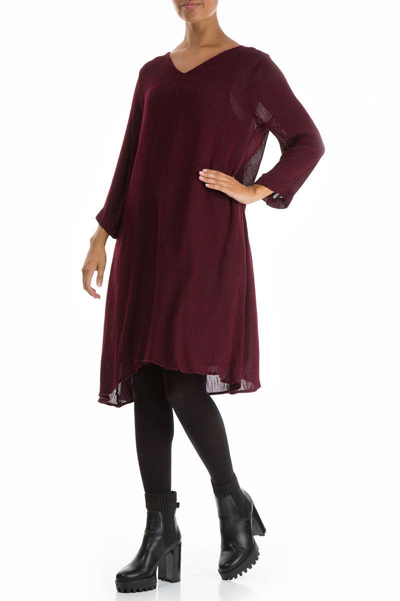 Flared V-Neck Wine Silk Dress