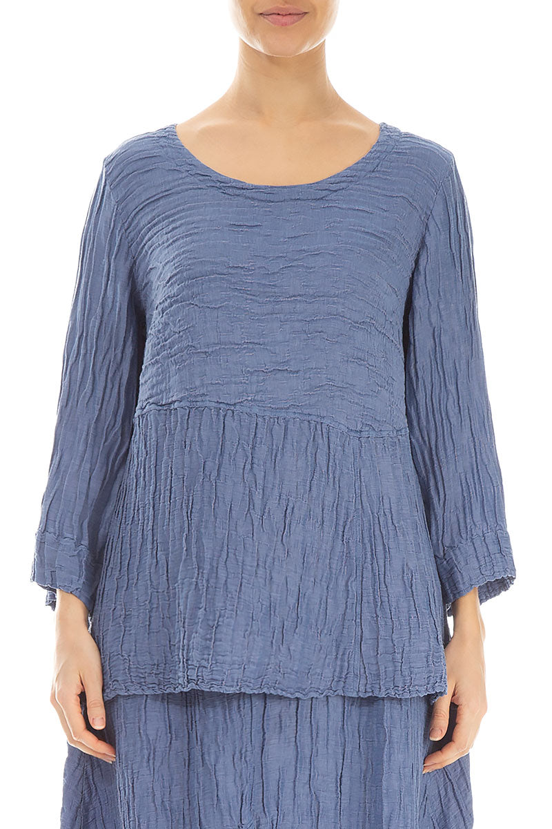 Soft-Shaped Blue Nova Crinkled Silk Linen Blouse 1