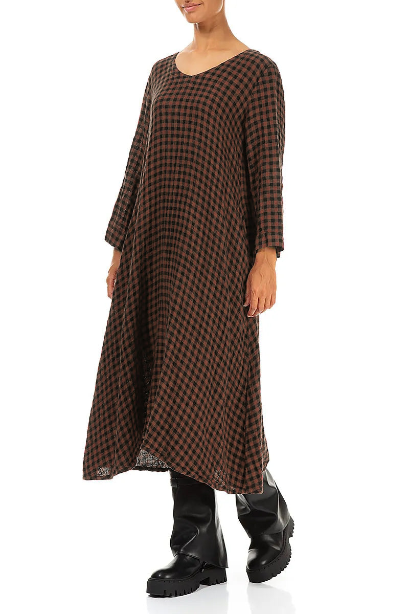 Floaty Aged Copper Check Linen Midi Dress 3