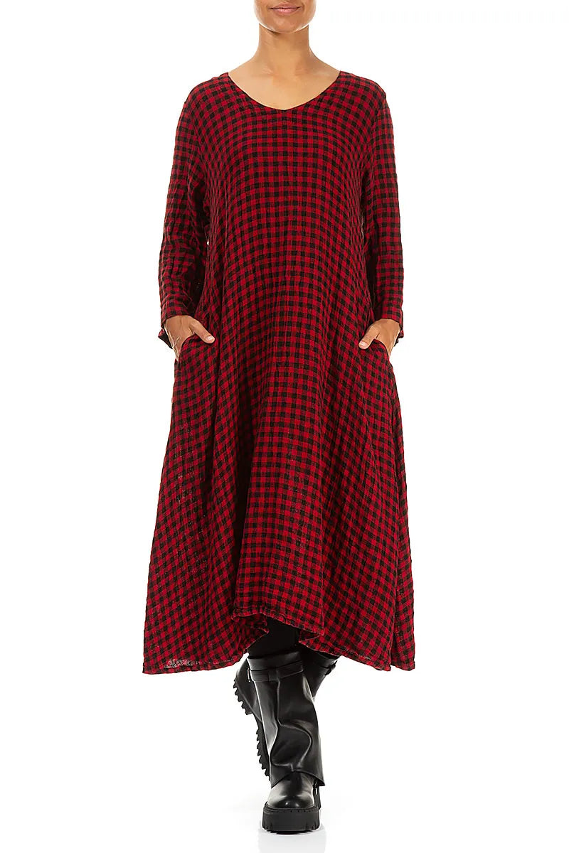 Floaty Red Check Linen Midi Dress 5