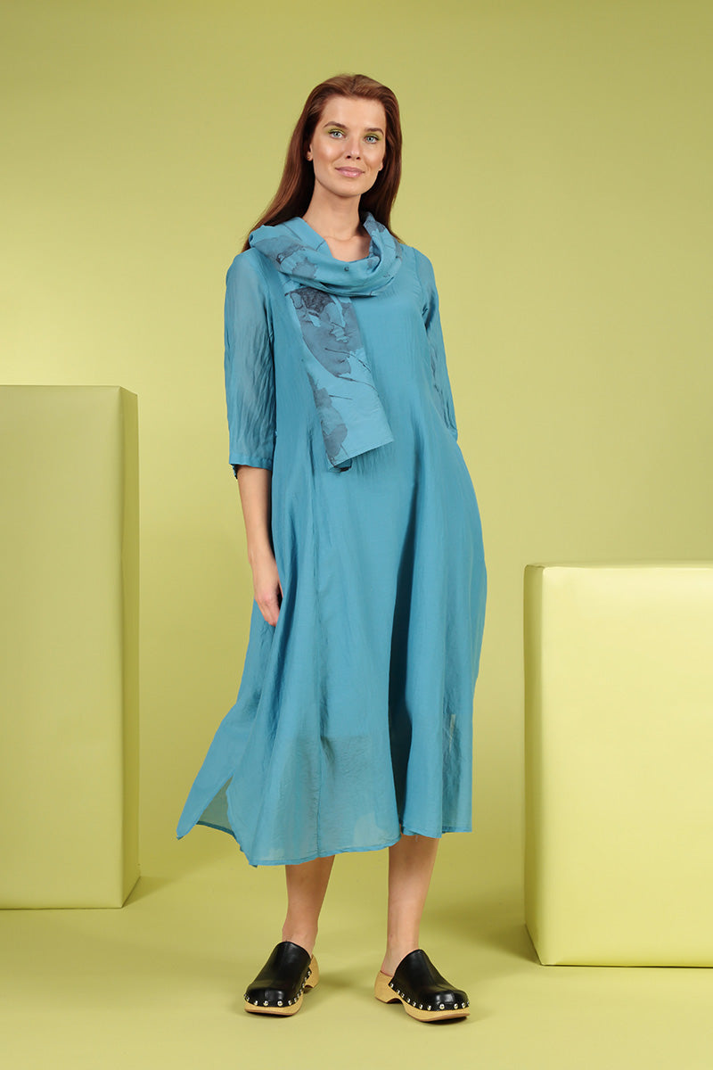 Half Sleeves Floaty Denim Silk Cotton Dress 1