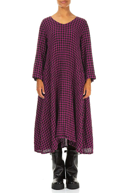 Floaty Magenta Check Linen Midi Dress 1