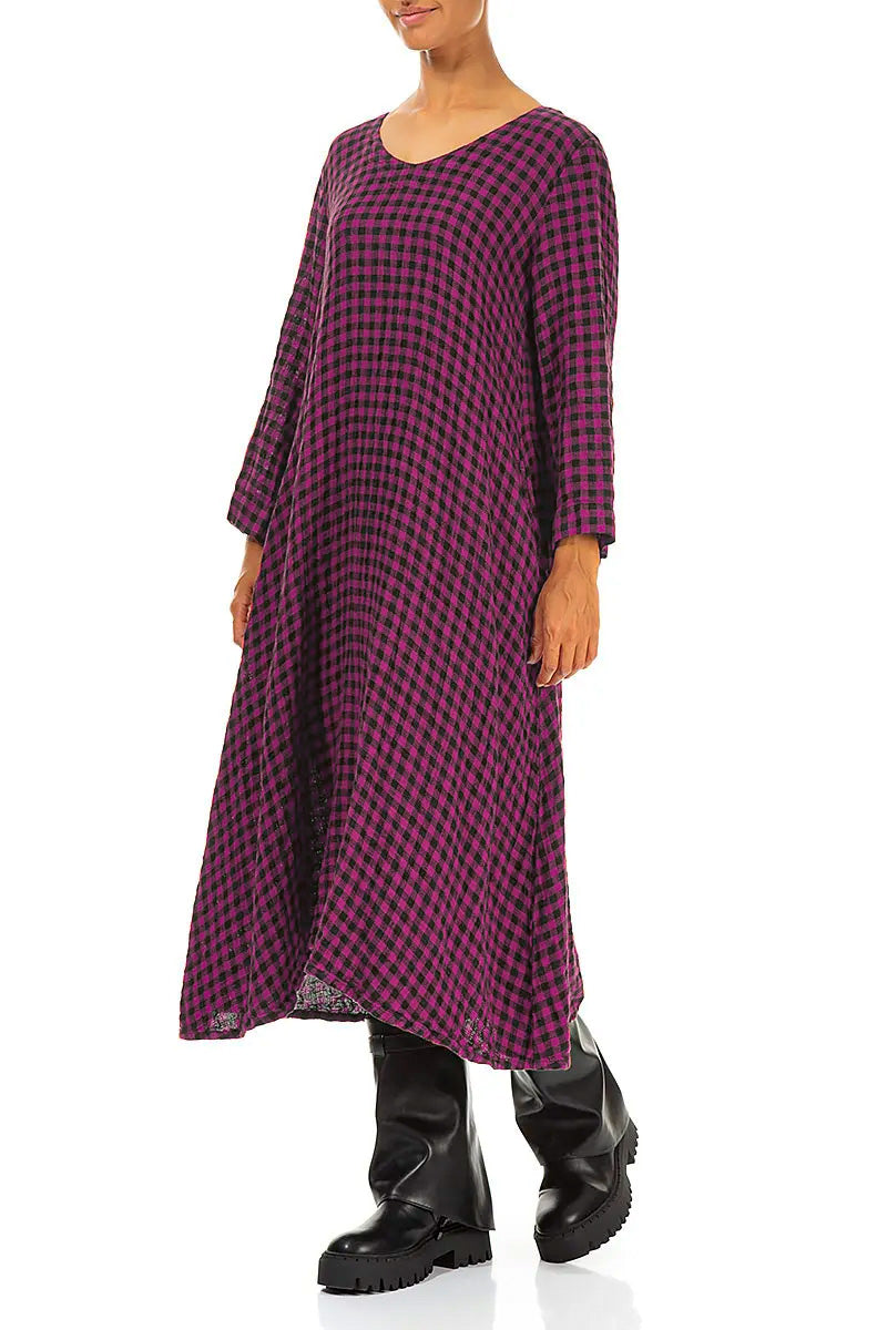 Floaty Magenta Check Linen Midi Dress 3