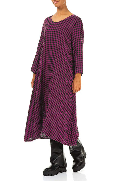 Floaty Magenta Check Linen Midi Dress 3