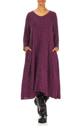Floaty Magenta Check Linen Midi Dress 4