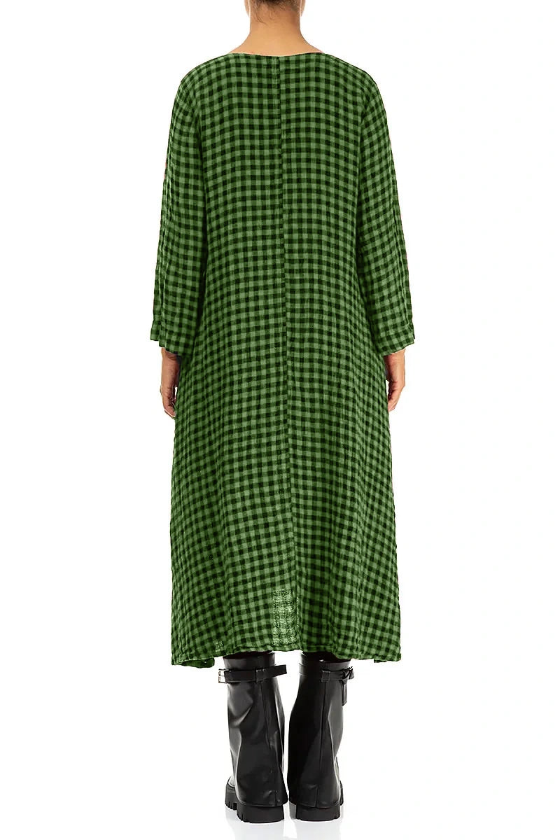 Floaty Shamrock Green Check Linen Midi Dress