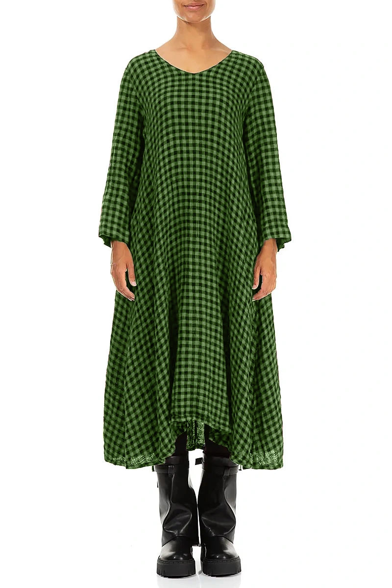 Floaty Shamrock Green Check Linen Midi Dress