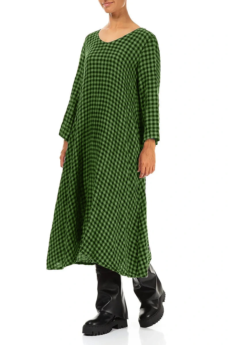Floaty Shamrock Green Check Linen Midi Dress