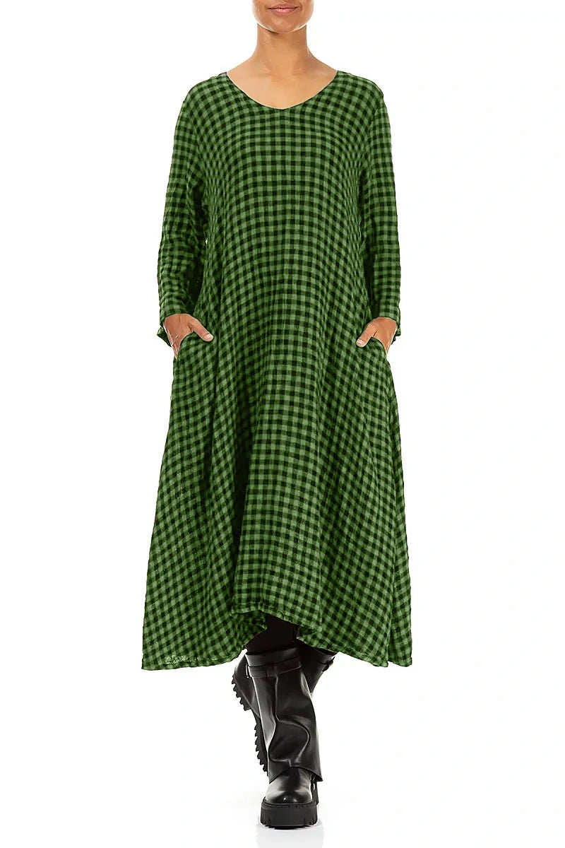 Floaty Shamrock Green Check Linen Midi Dress