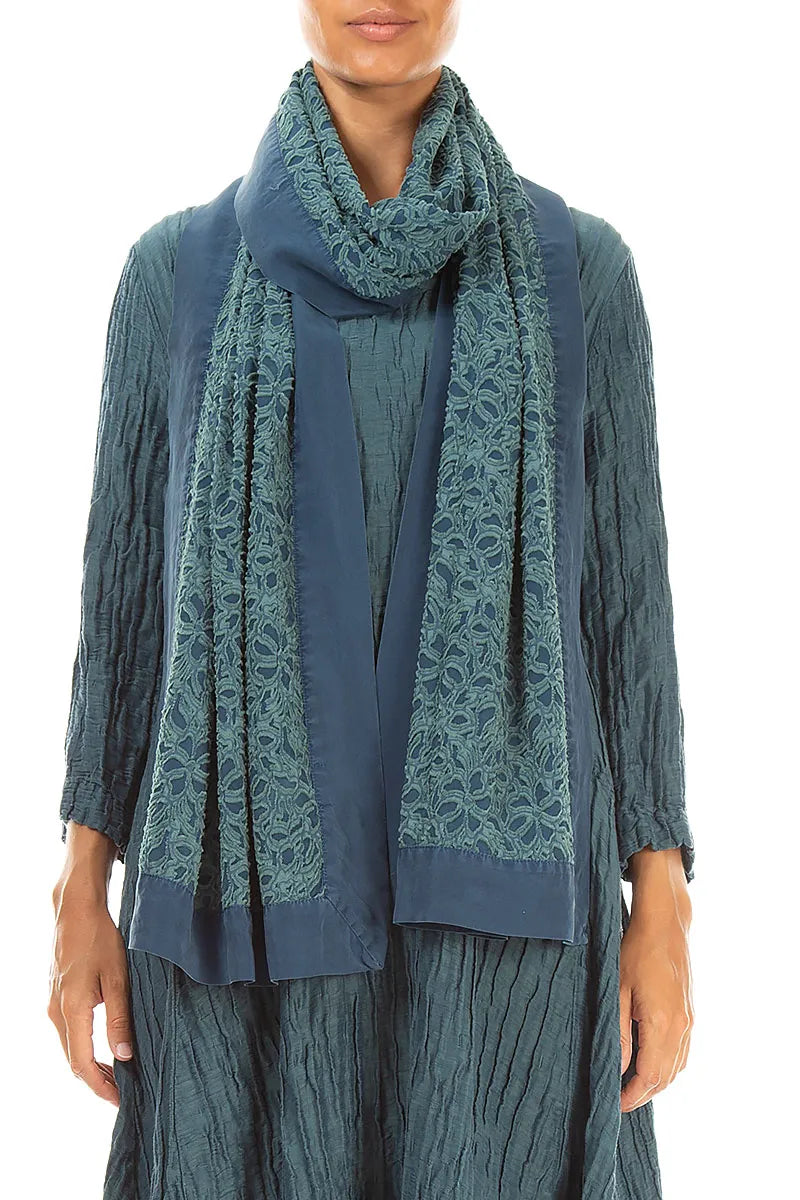 Floral Deep Turquoise Silk Chiffon Scarf