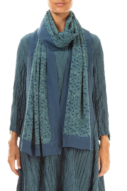 Floral Deep Turquoise Silk Chiffon Scarf