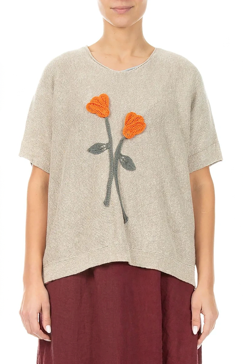 Floral Detail Natural Linen Knit Blouse 1