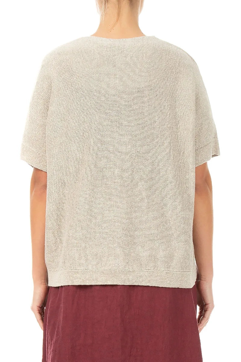 Floral Detail Natural Linen Knit Blouse 2