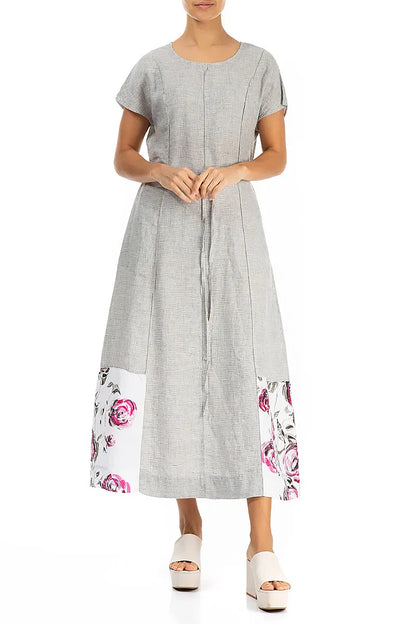 Floral Hem Grey Check Linen Dress 4