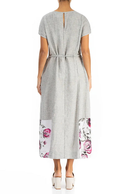 Floral Hem Grey Check Linen Dress 2
