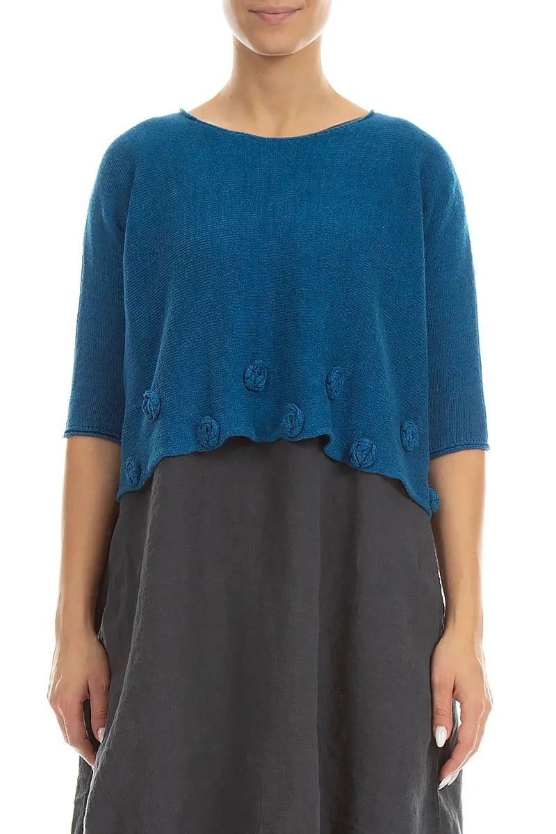 Flowers Decorated Cobalt Blue Linen Jumper