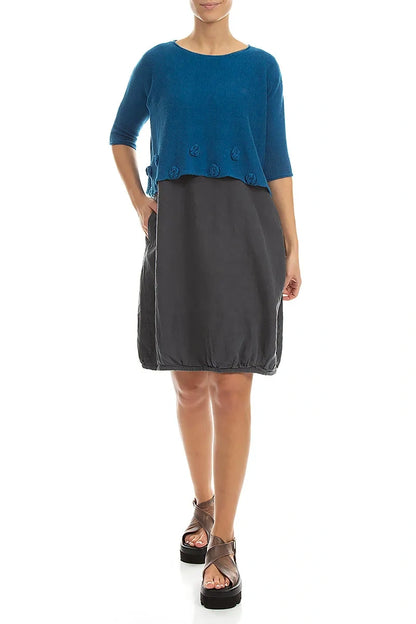 Flowers Decorated Cobalt Blue Linen Jumper