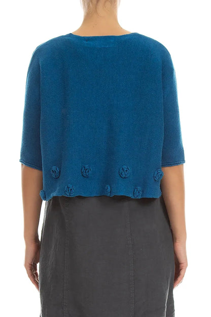 Flowers Decorated Cobalt Blue Linen Jumper