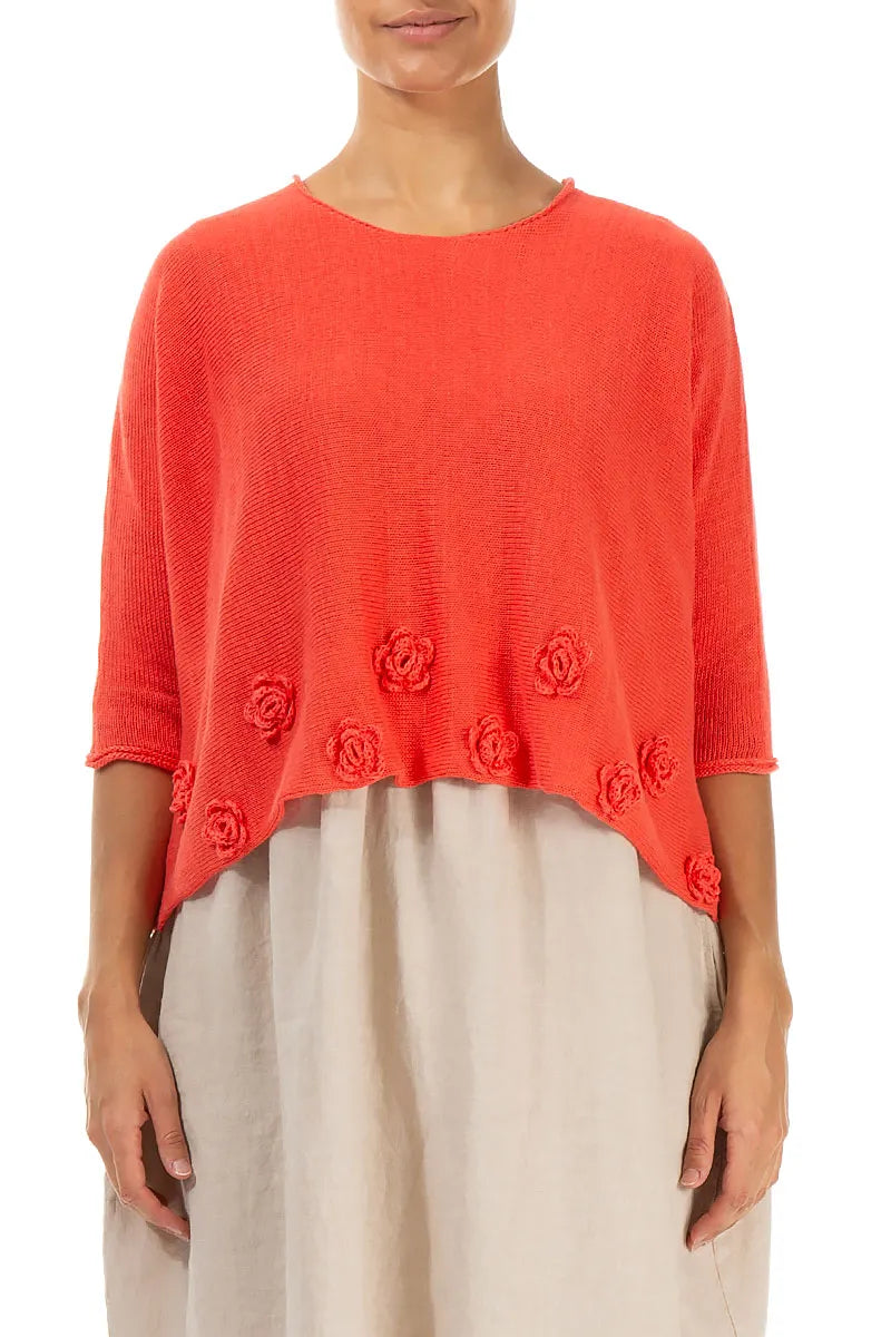 Flowers Decorated Coral Linen Jumper 1