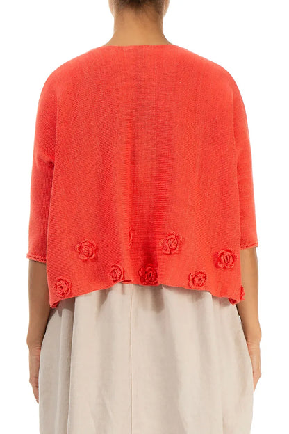 Flowers Decorated Coral Linen Jumper 2