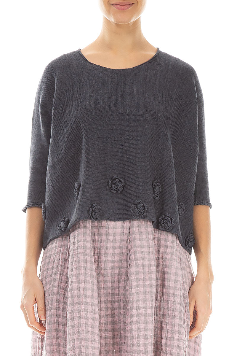 Flowers Decorated Graphite Linen Jumper 1