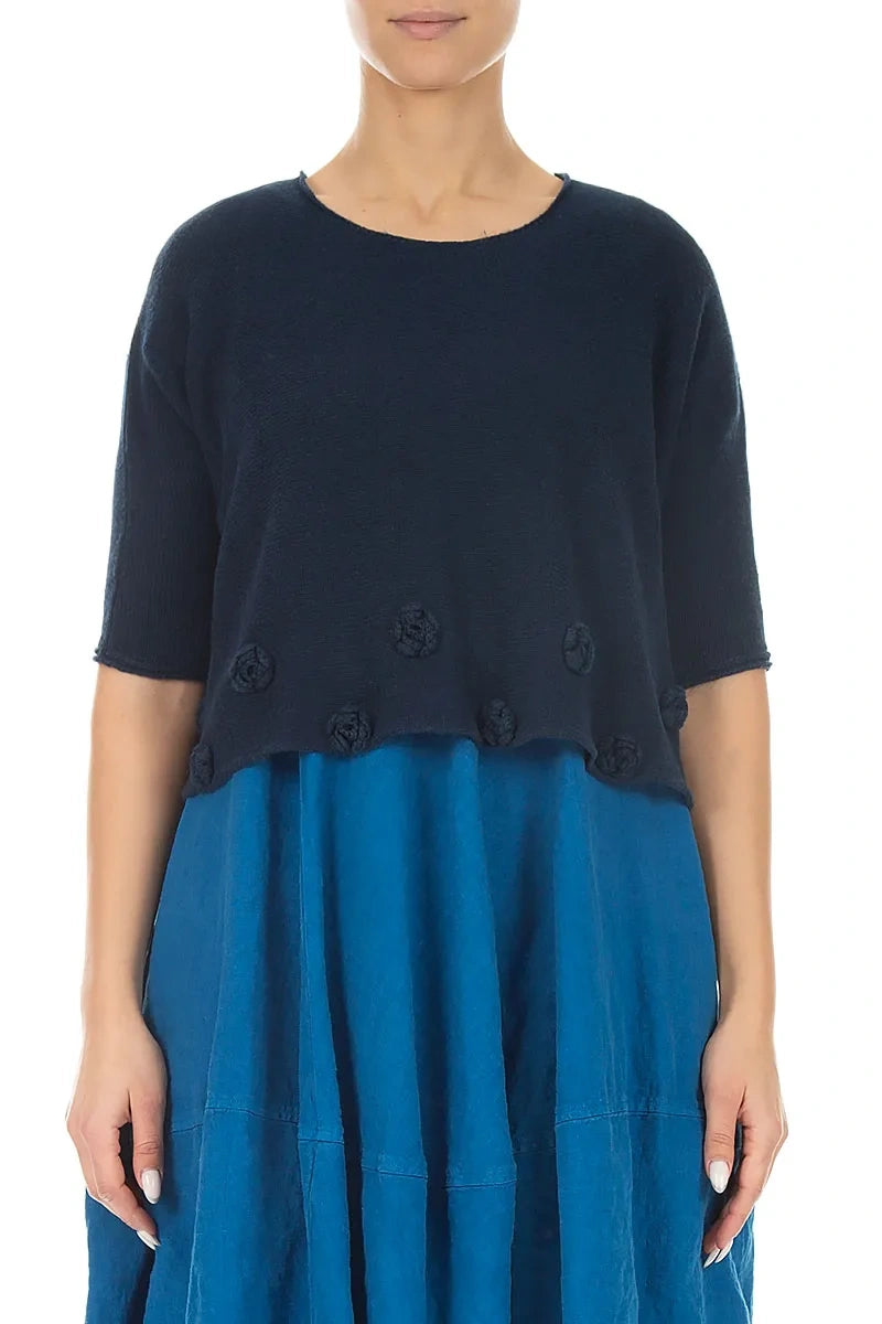 Flowers Decorated Navy Linen Jumper