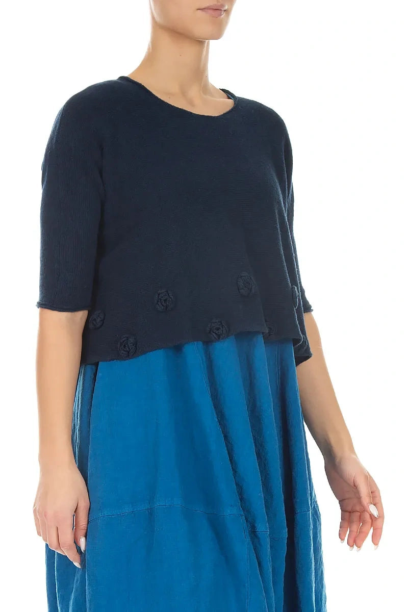 Flowers Decorated Navy Linen Jumper