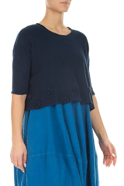 Flowers Decorated Navy Linen Jumper