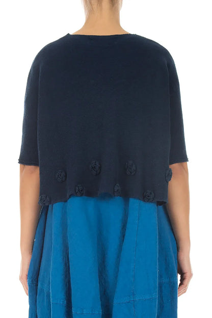 Flowers Decorated Navy Linen Jumper