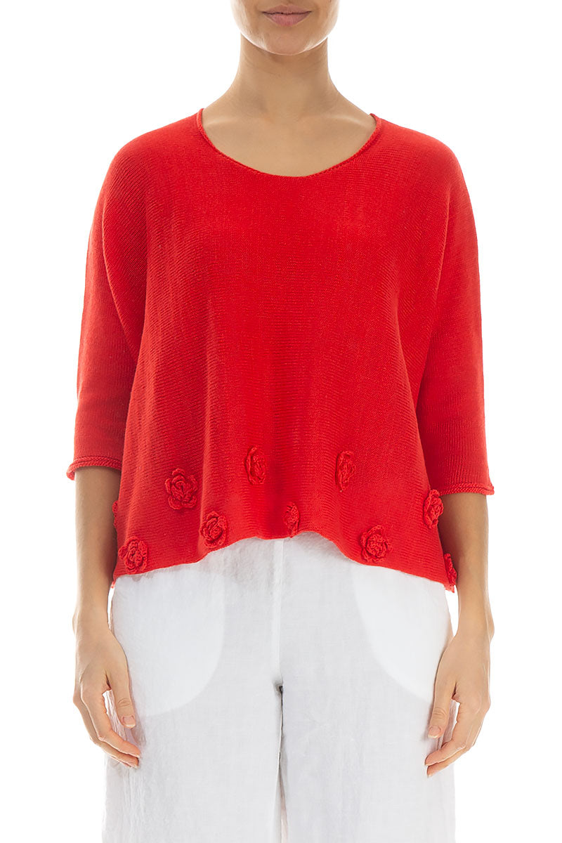 Flowers Decorated Red Linen Jumper 1