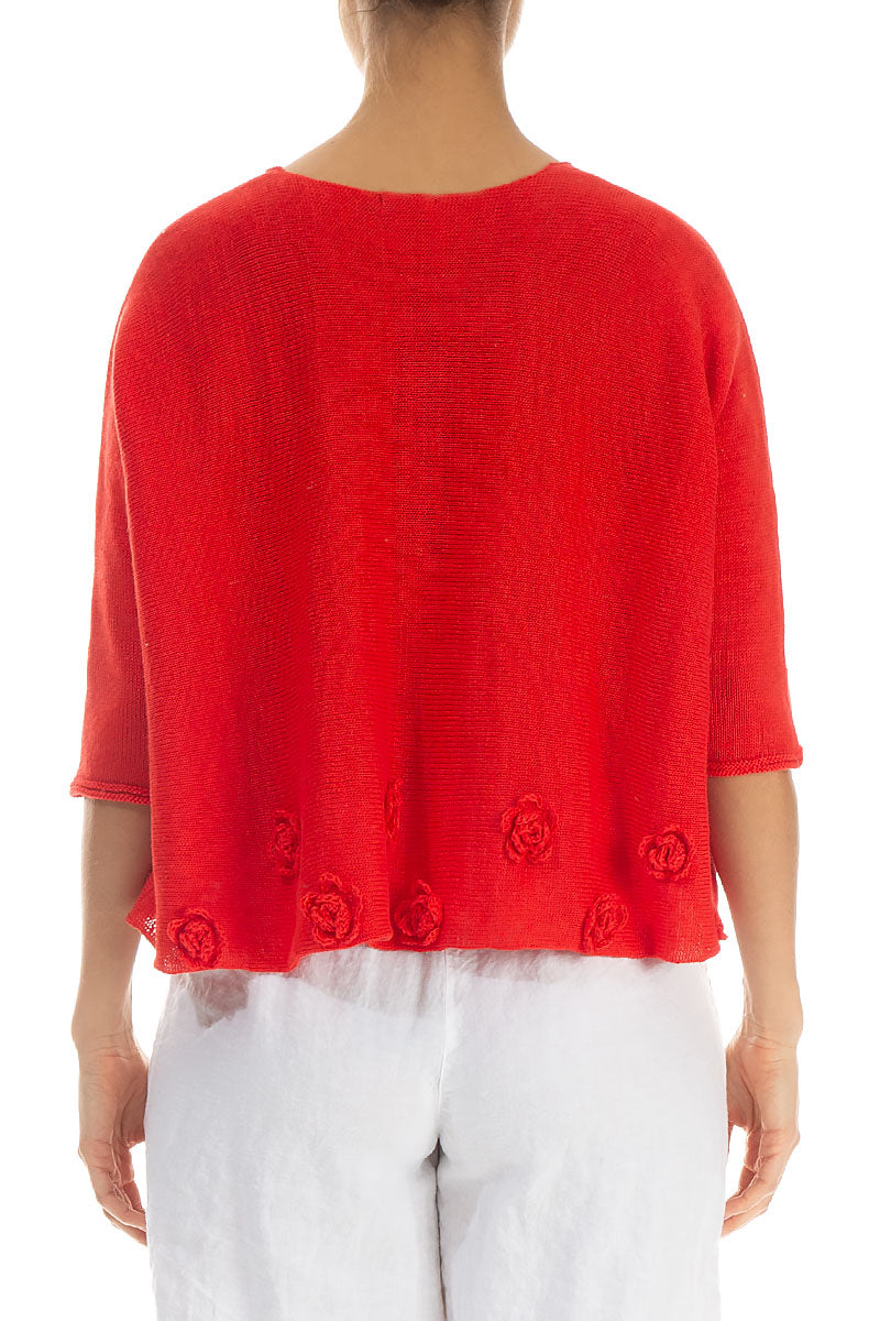 Flowers Decorated Red Linen Jumper 2